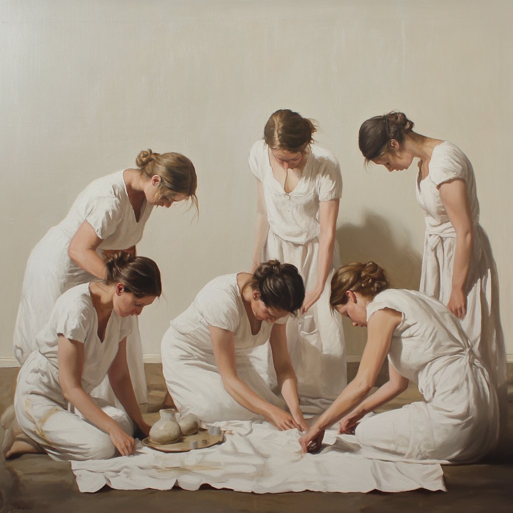 Women in white linen mimic still life objects.