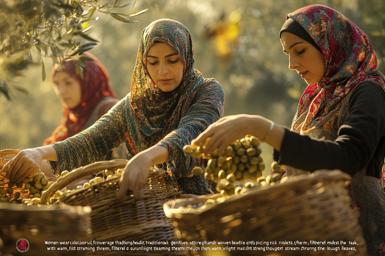 Women joyfully picking olives in traditional attire.