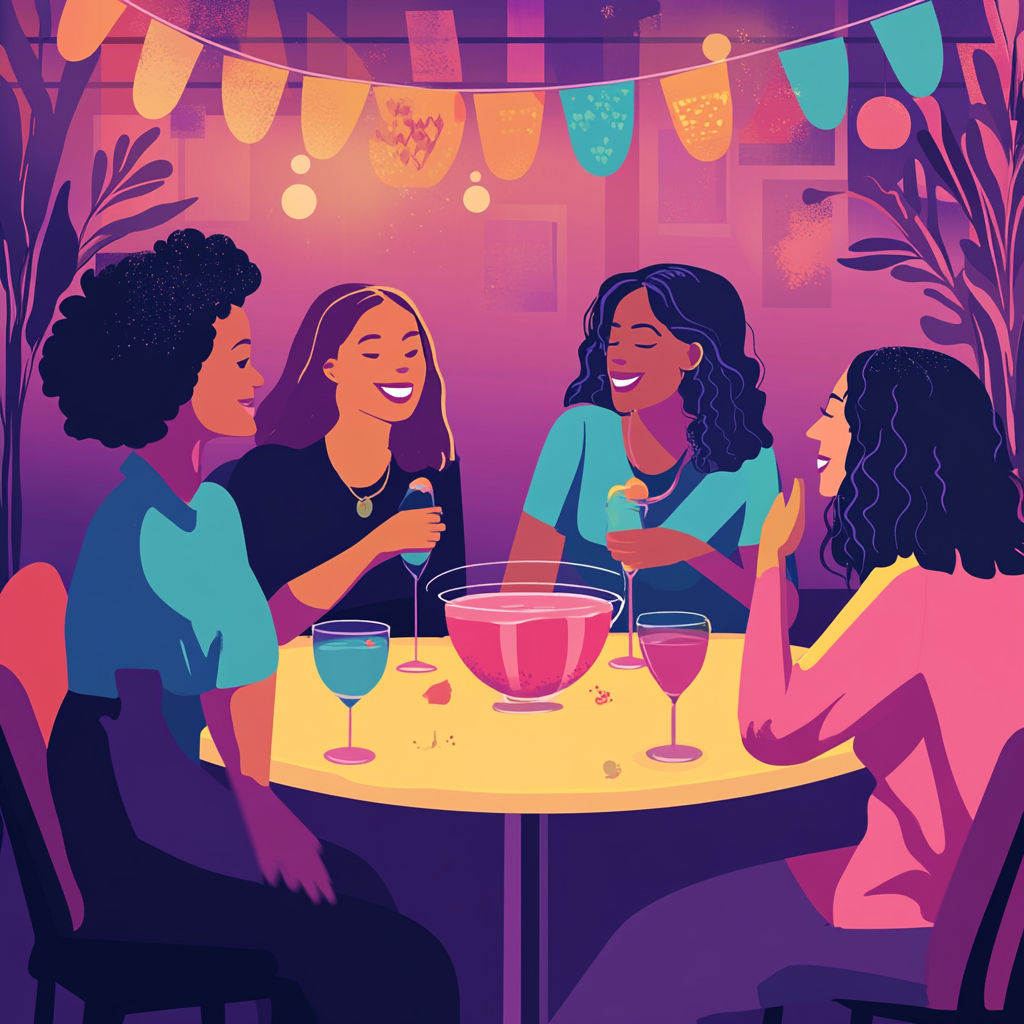 Women laughing & connecting, soft lighting, LGBT flags, elegant drinks.