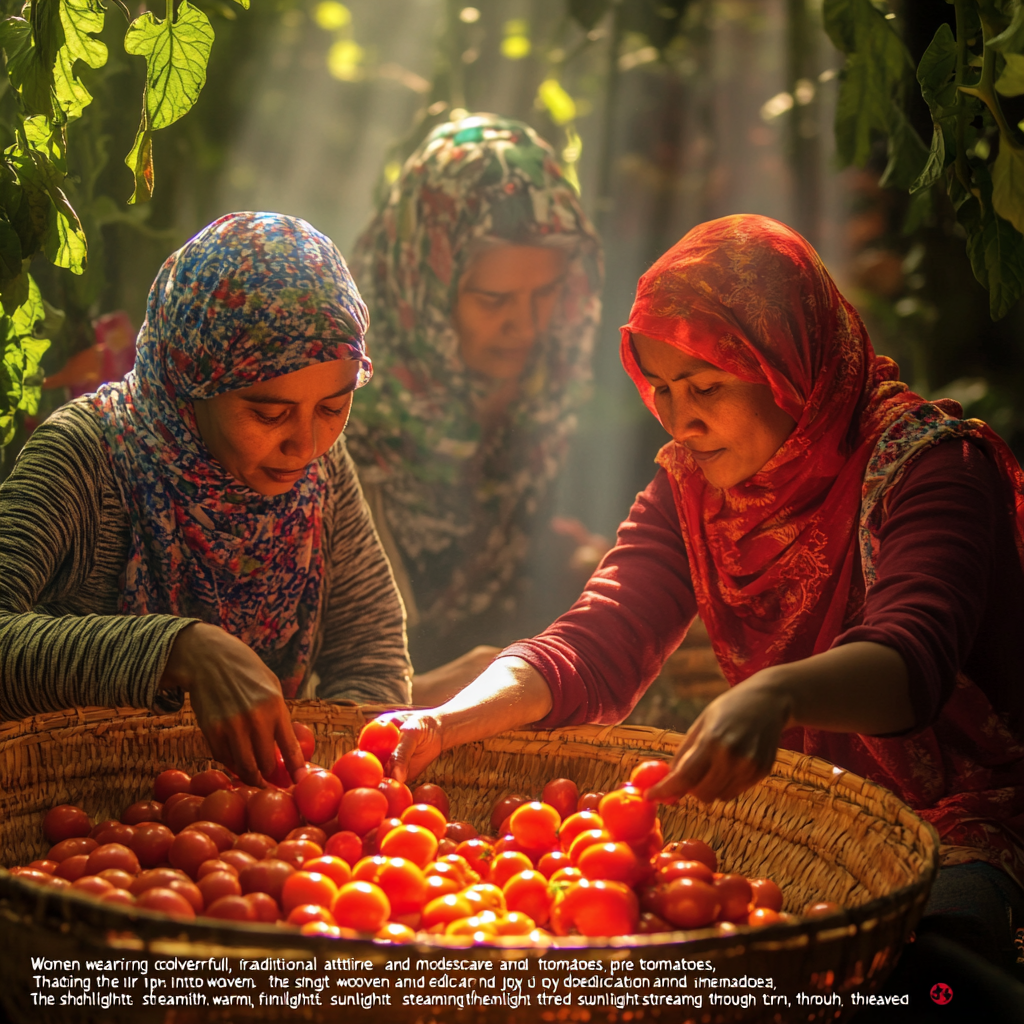 Women picking tomatoes, wearing headscarves and traditional attire