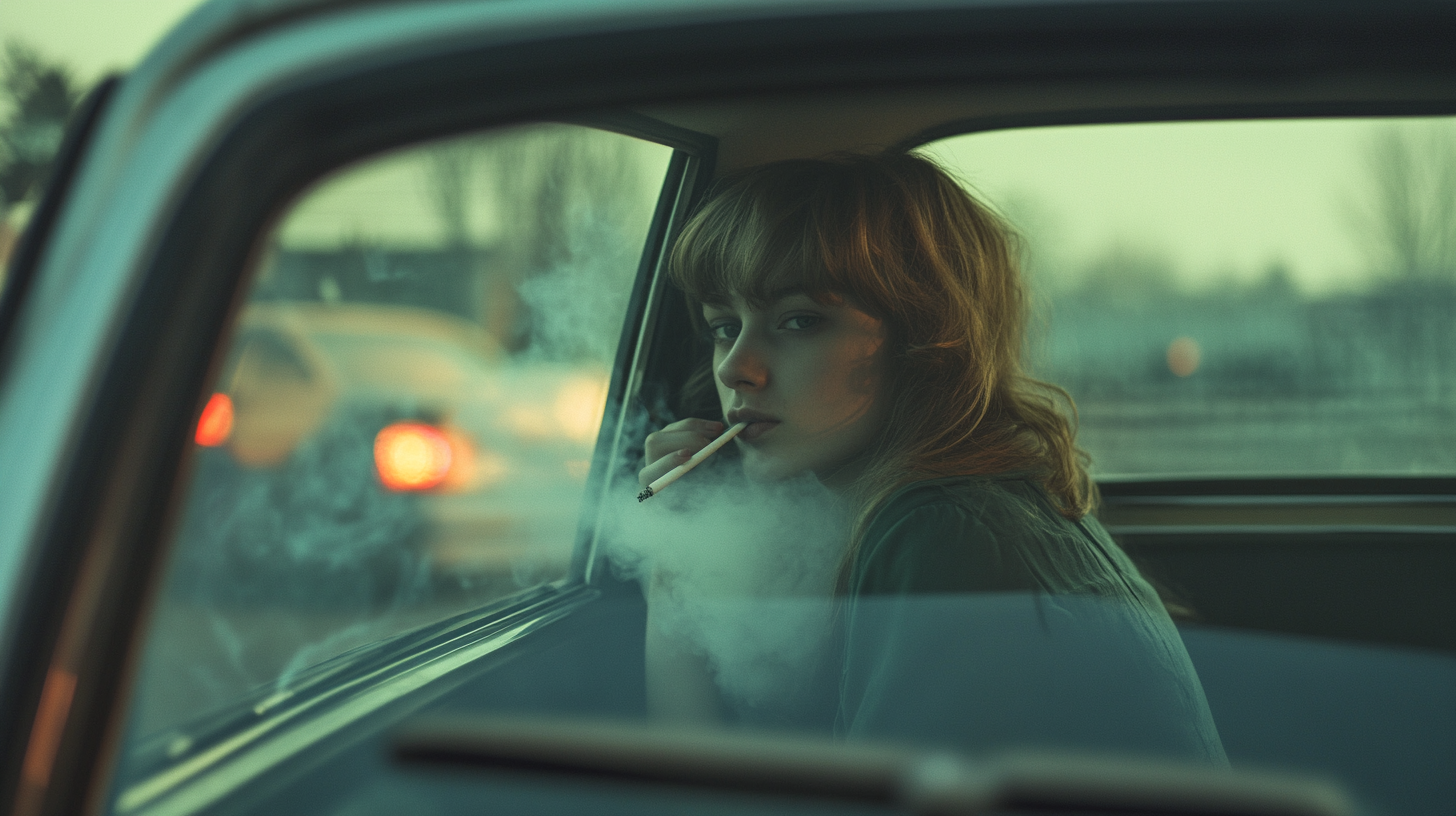 Women smoking in old Trabant car, East Berlin