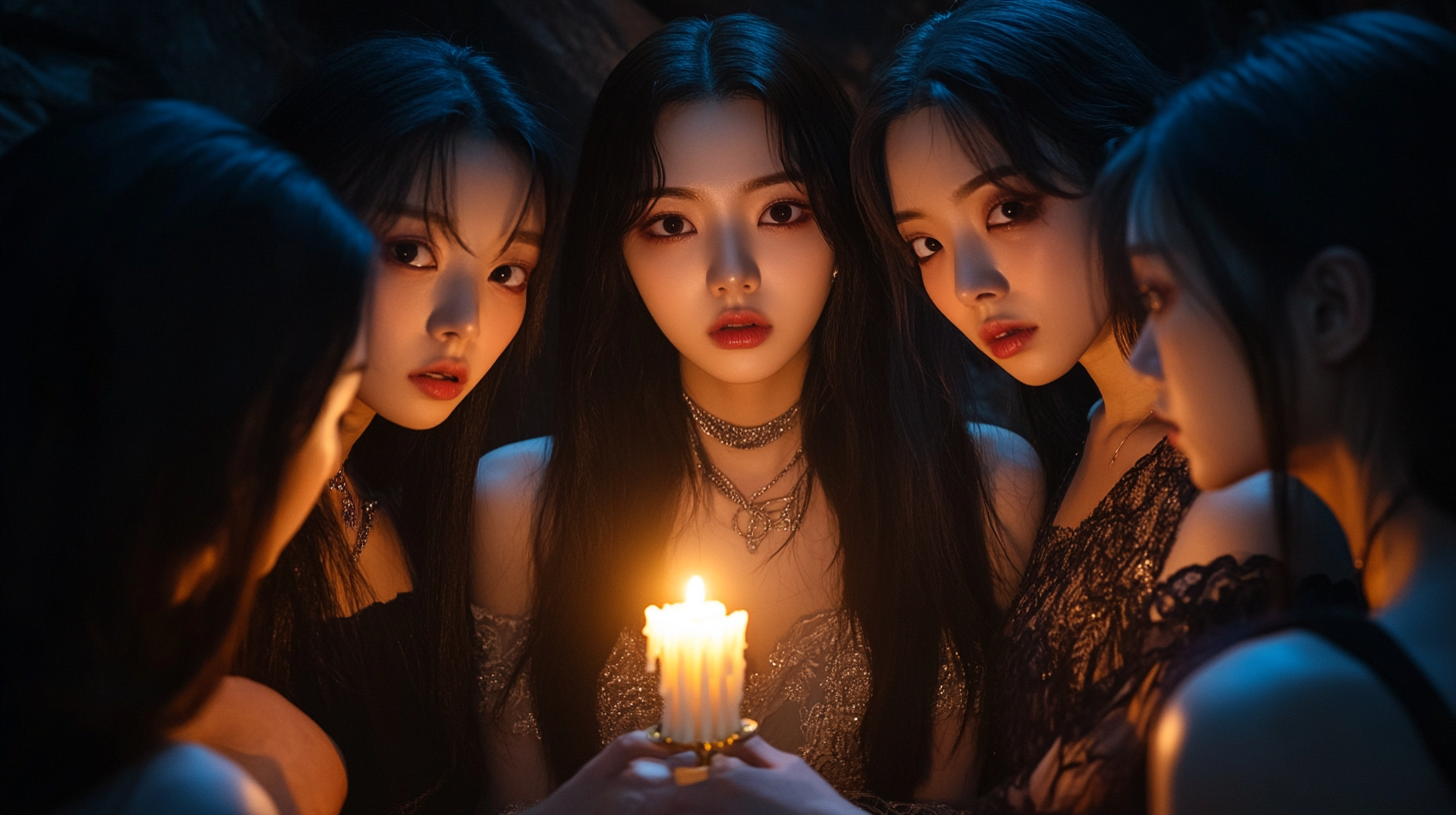 Women surrounding woman holding candle in dark room.