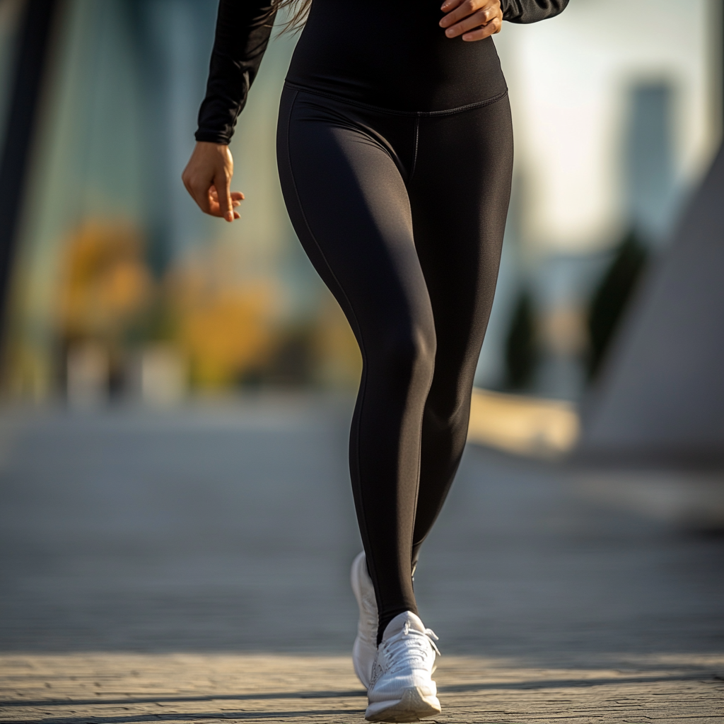 Women wearing black leggings running, high resolution photo.