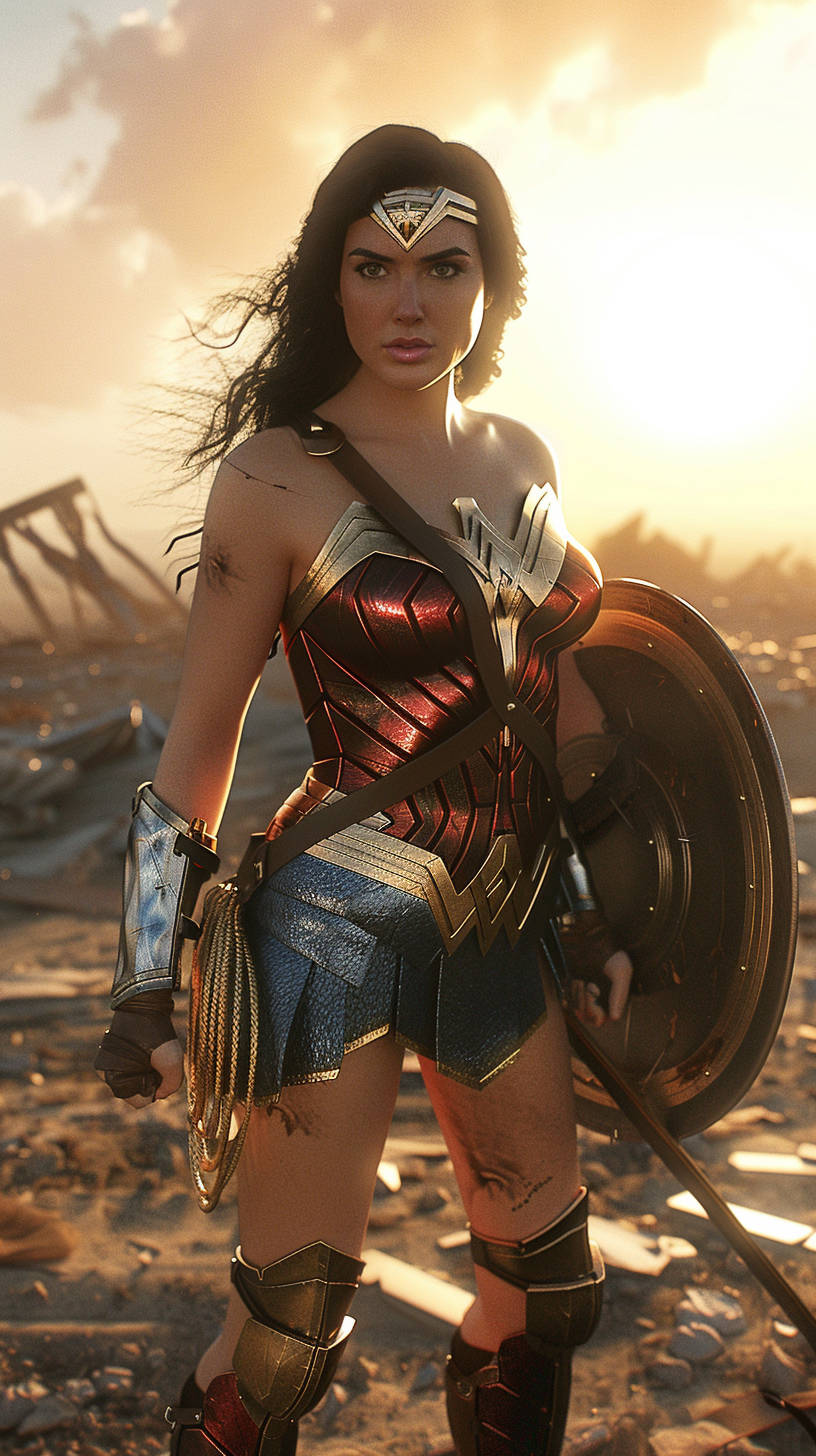 Wonder Woman standing on battlefield at sunrise, ready for battle