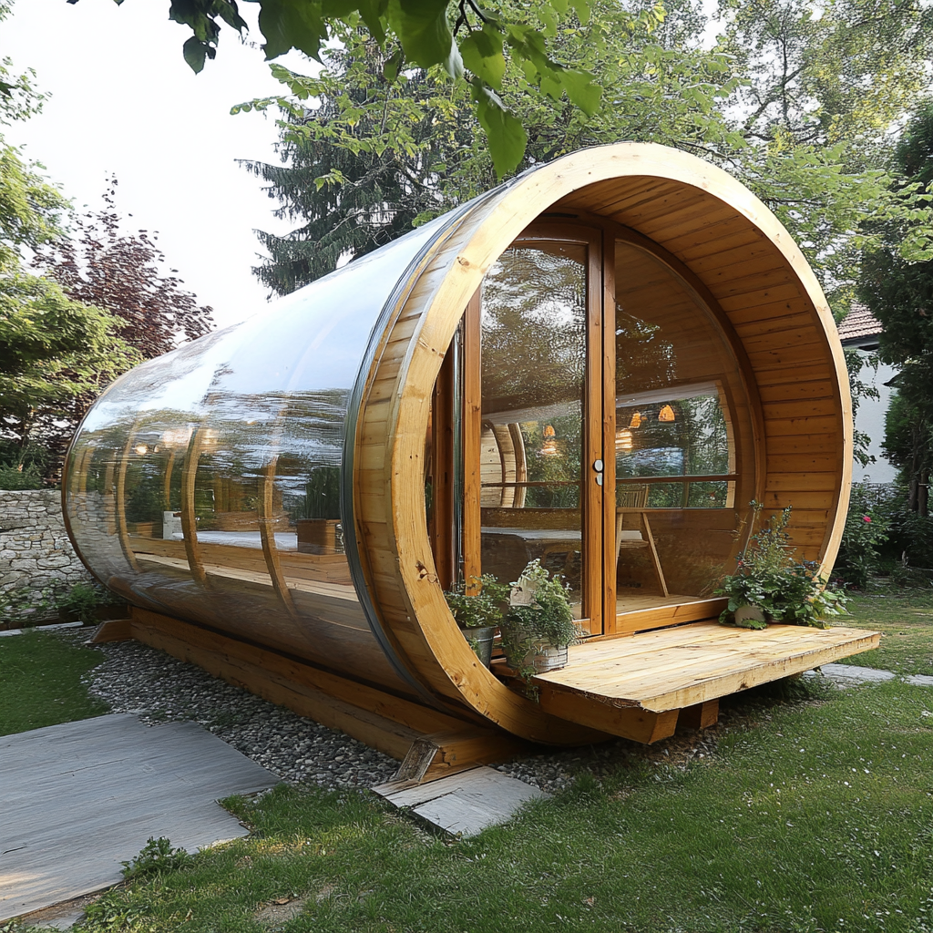 Wood cylinder structure with plastic roof sheets and sliding door.