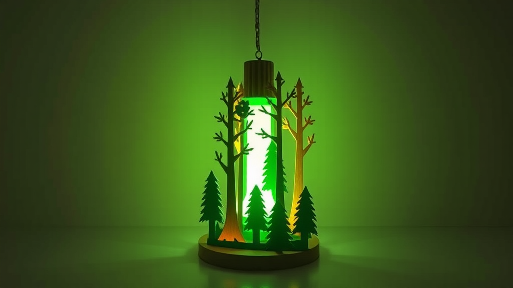 Wood lamp with green forest design and layers.