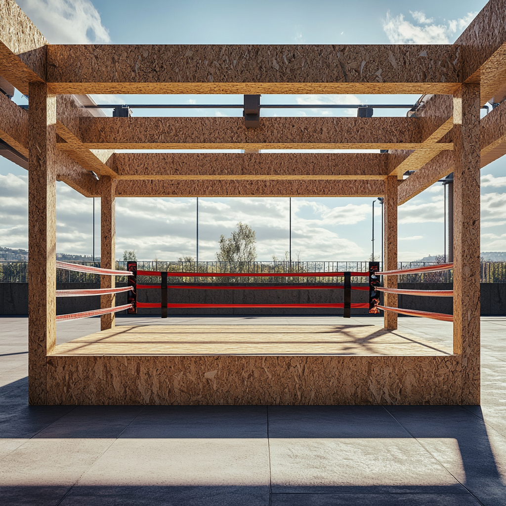 Wooden Boxing Ring on Sports Field, Bright Setting 