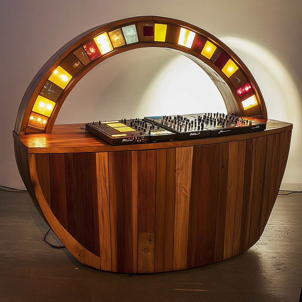 Wooden DJ booth with vintage lights on music stage.