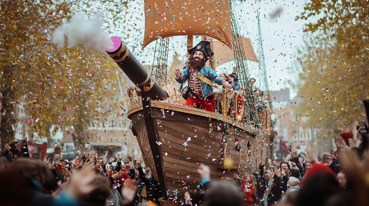 Wooden Pirate Ship at Carnival Shooting Confetti