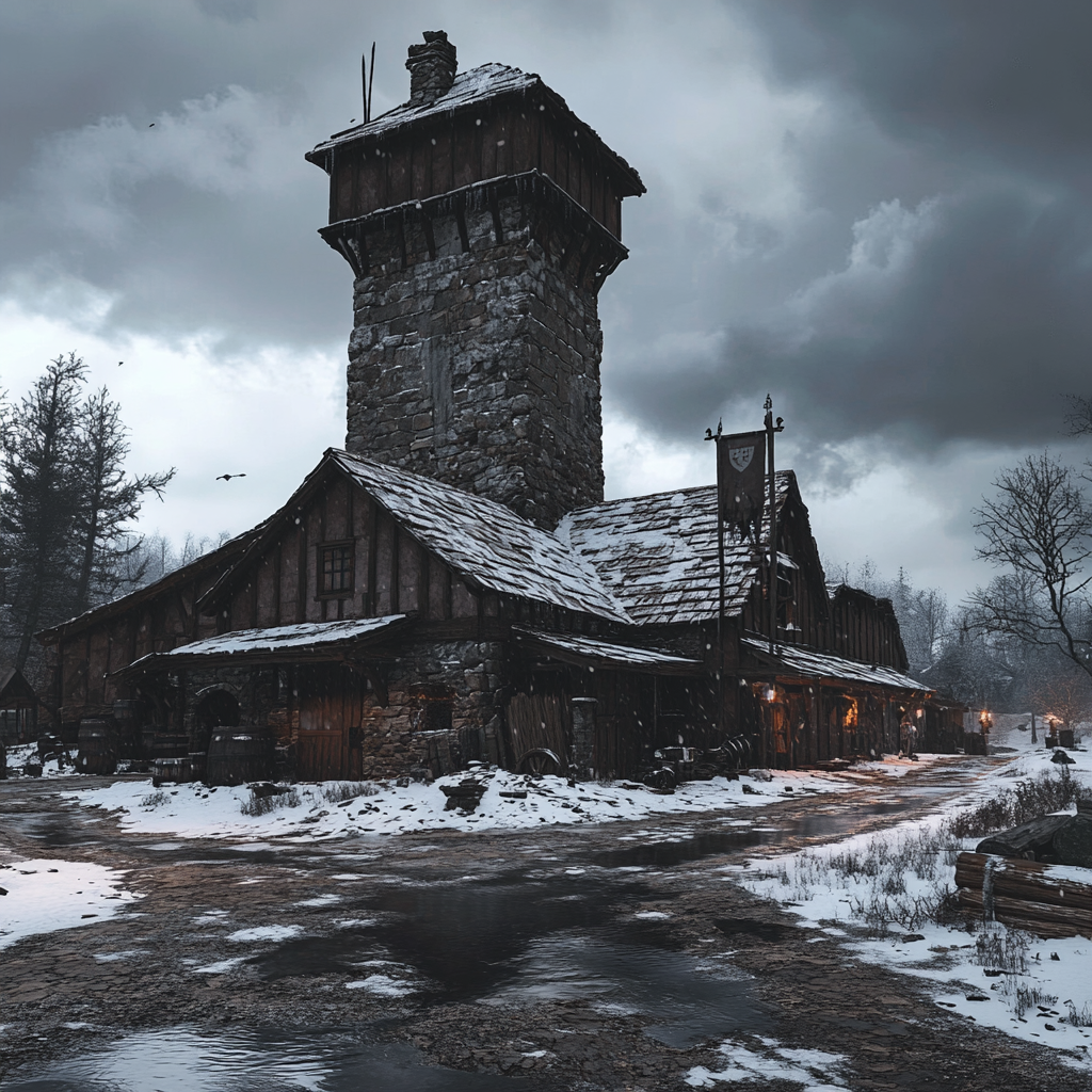 Wooden Tavern Around Old Stone Tower on Snowy Day