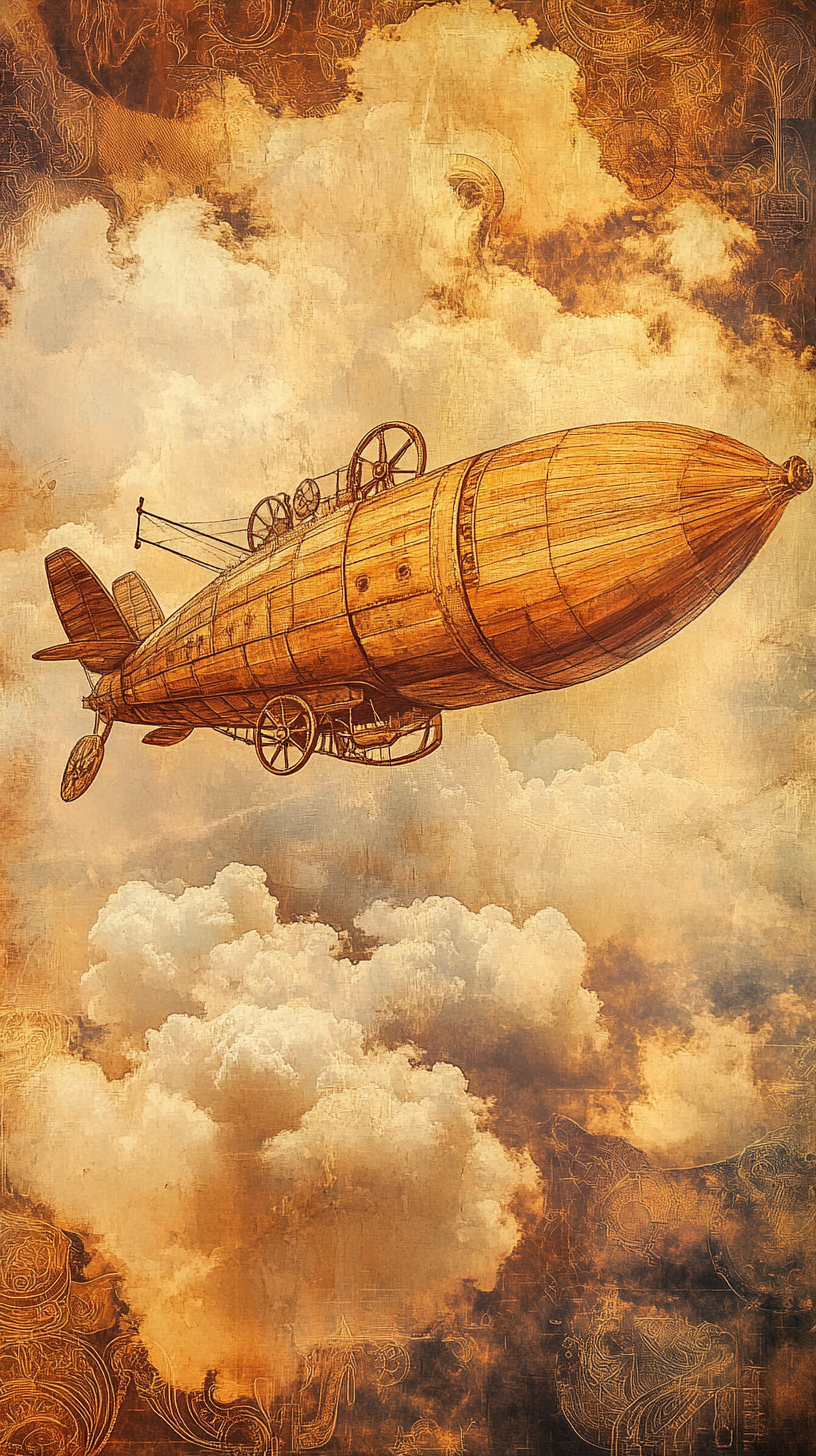 Wooden airship flying through misty clouds in fantasy art.