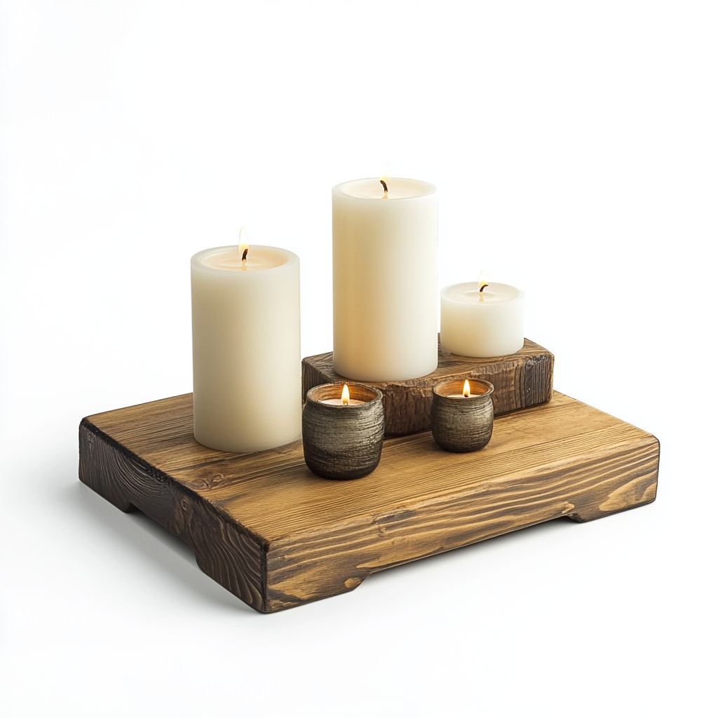 Wooden board with raised tiers for displaying candles.