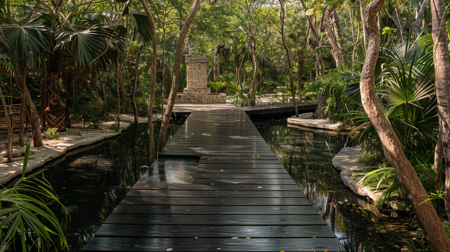 Wooden boardwalk crossing flooded white stone plaza in jungle.