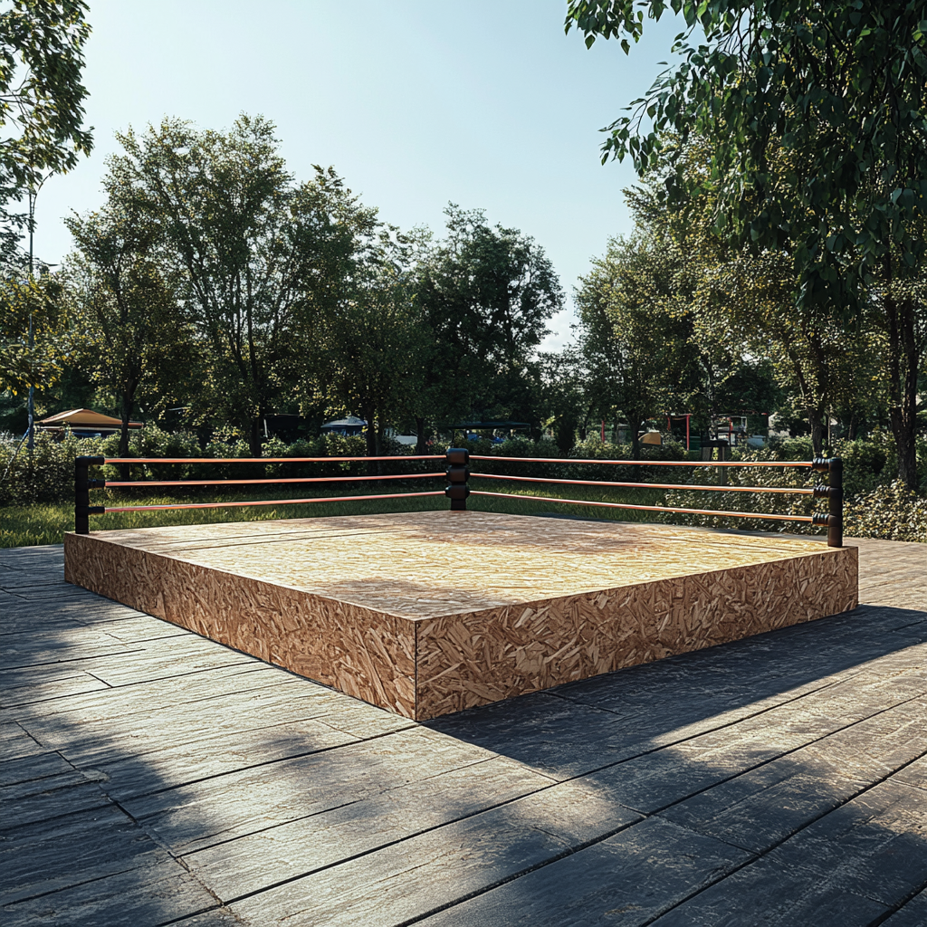 Wooden boxing ring on bright sports field