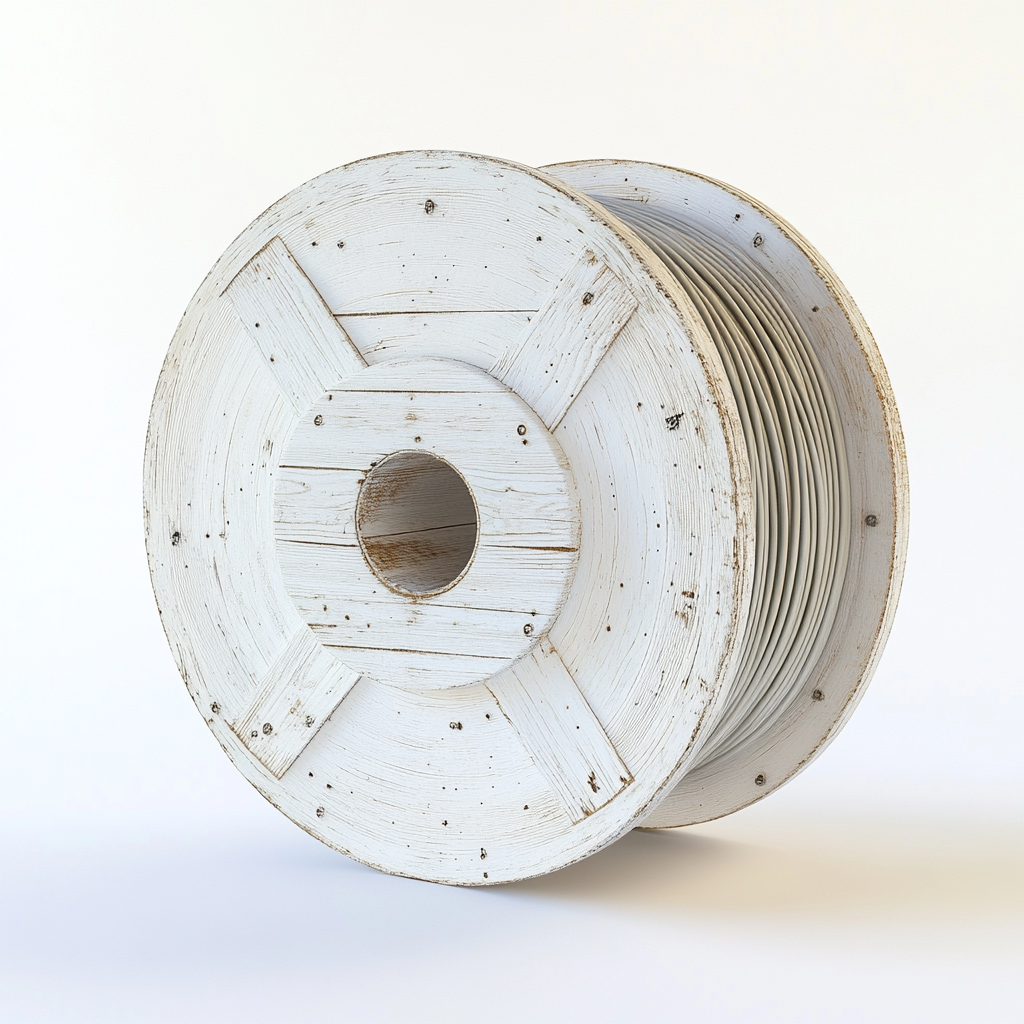 Wooden cable spool with neatly coiled cables, rustic texture.