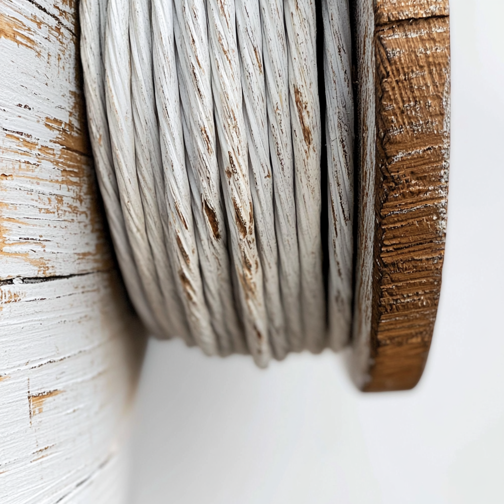 Wooden cable spool wrapped in white cables, rustic texture.