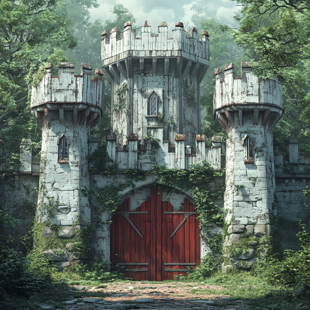 Wooden castle with red gate in forest.