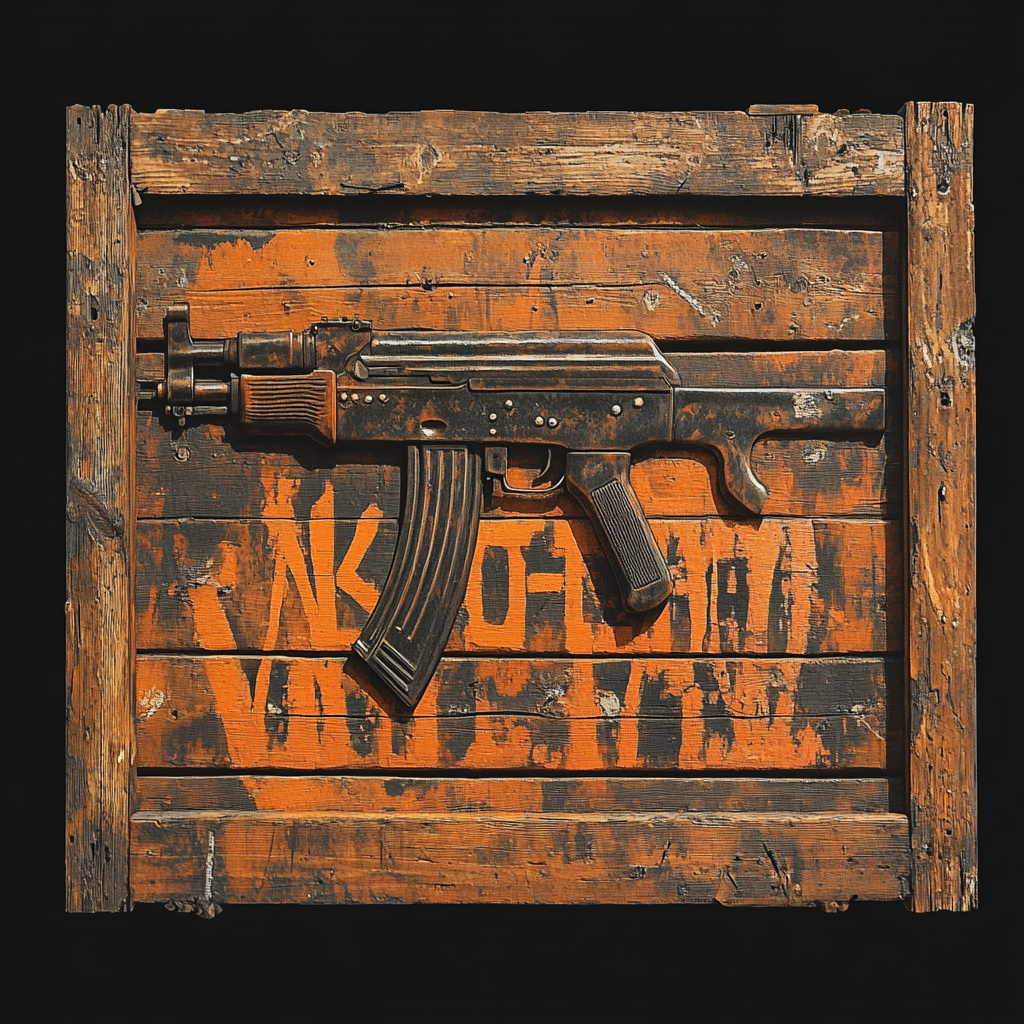 Wooden crate design with 'AK-47' text, refined textures, metallic sheen.