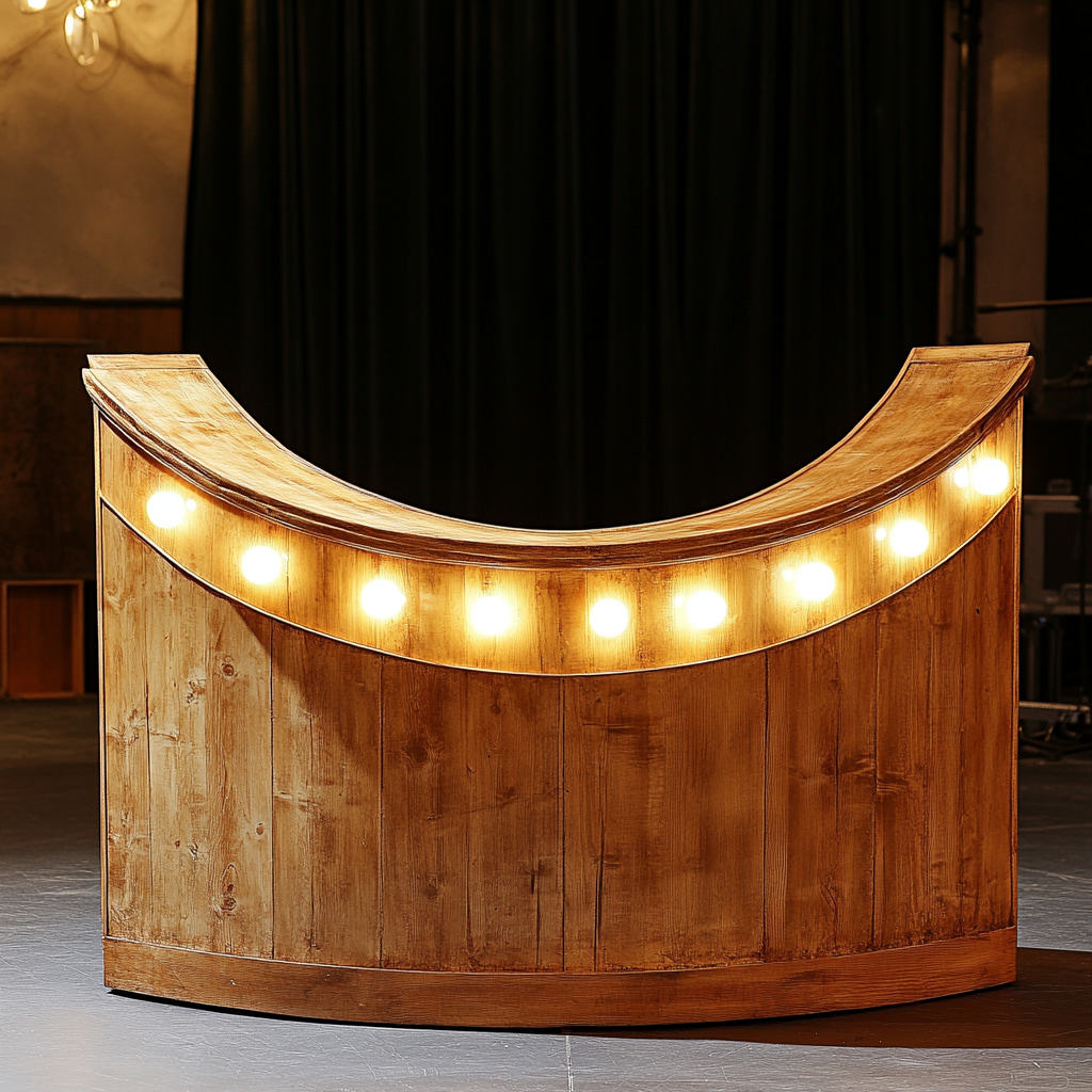 Wooden furniture with inlaid lights on music stage.