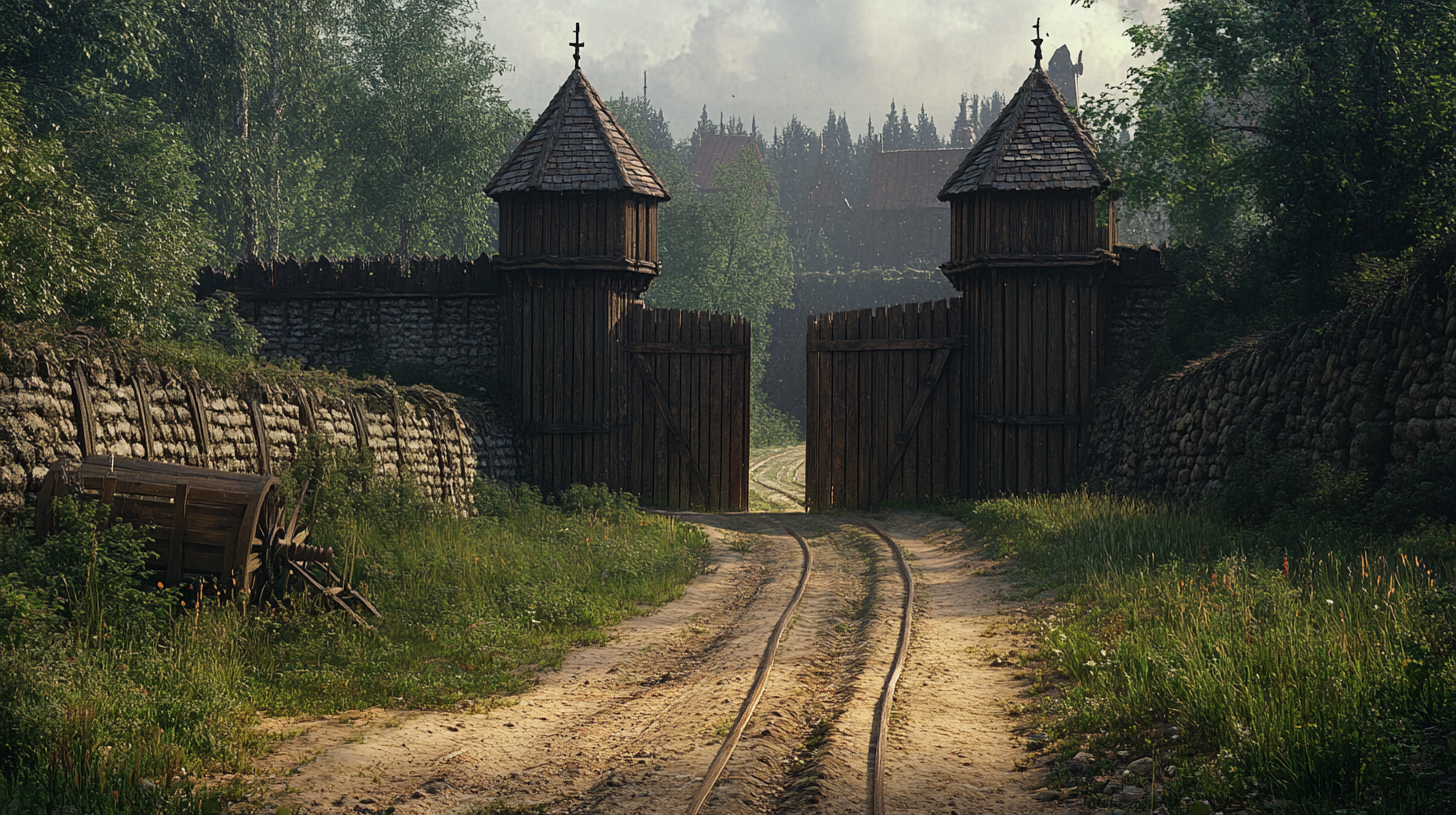 Wooden gates block dirt road through medieval village.