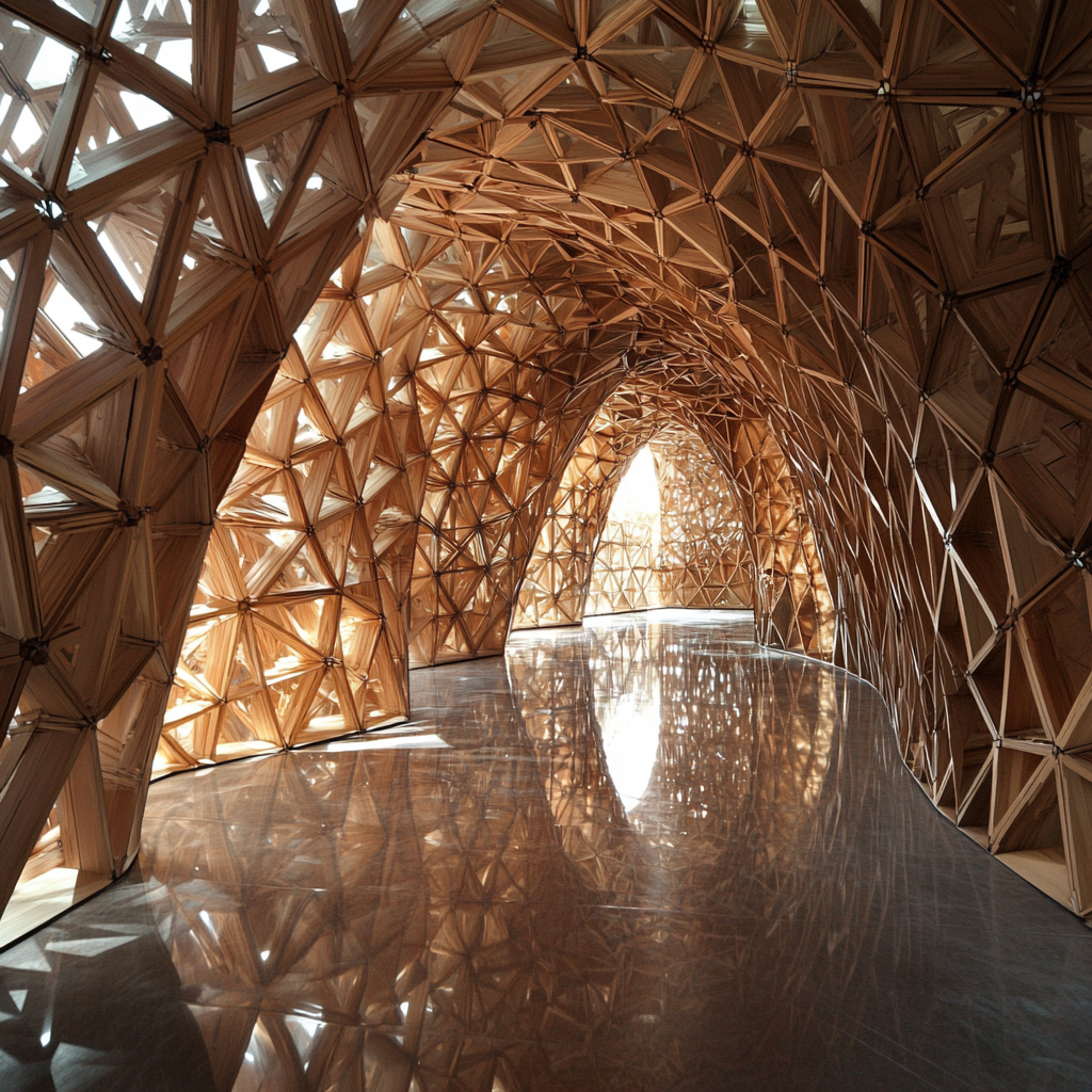 Wooden triangular pavilion with woven cords and reflective floor.