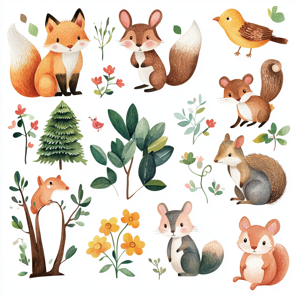 Woodland creature clipart with bunnies, foxes, deer, and more.