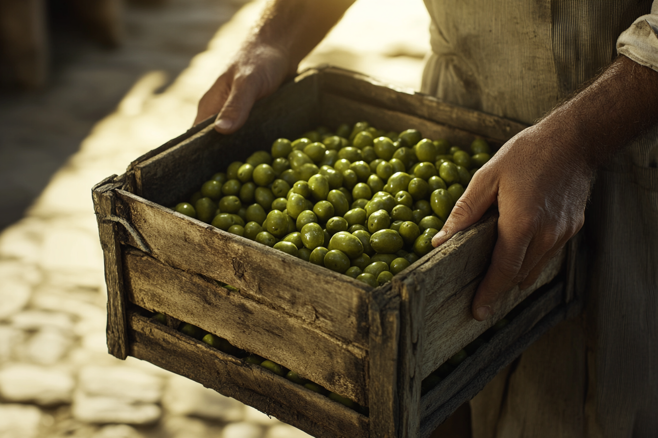 Worker's hands lifting small wooden crate of olives