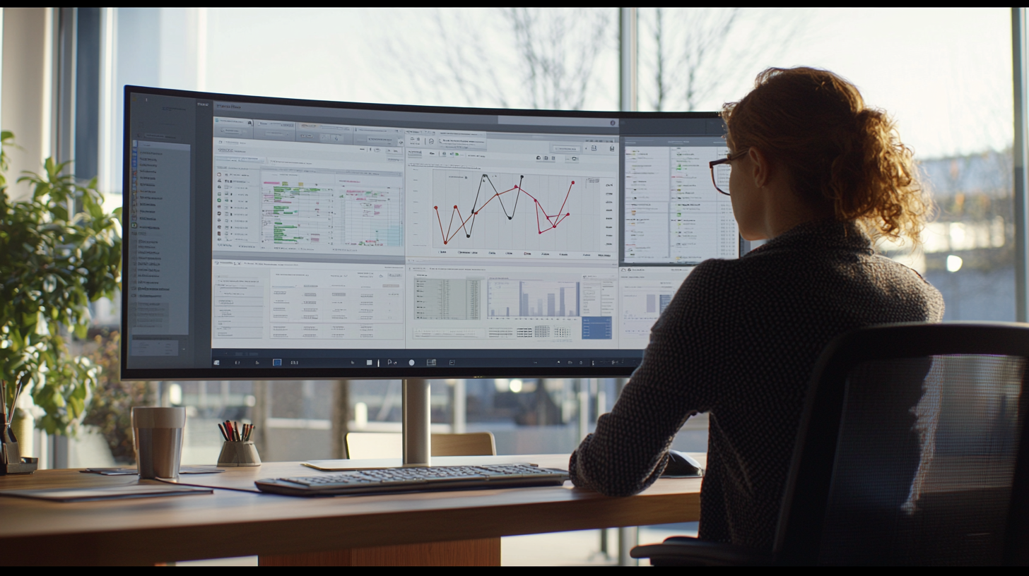 Worker analyzes data on computer screen, bright light