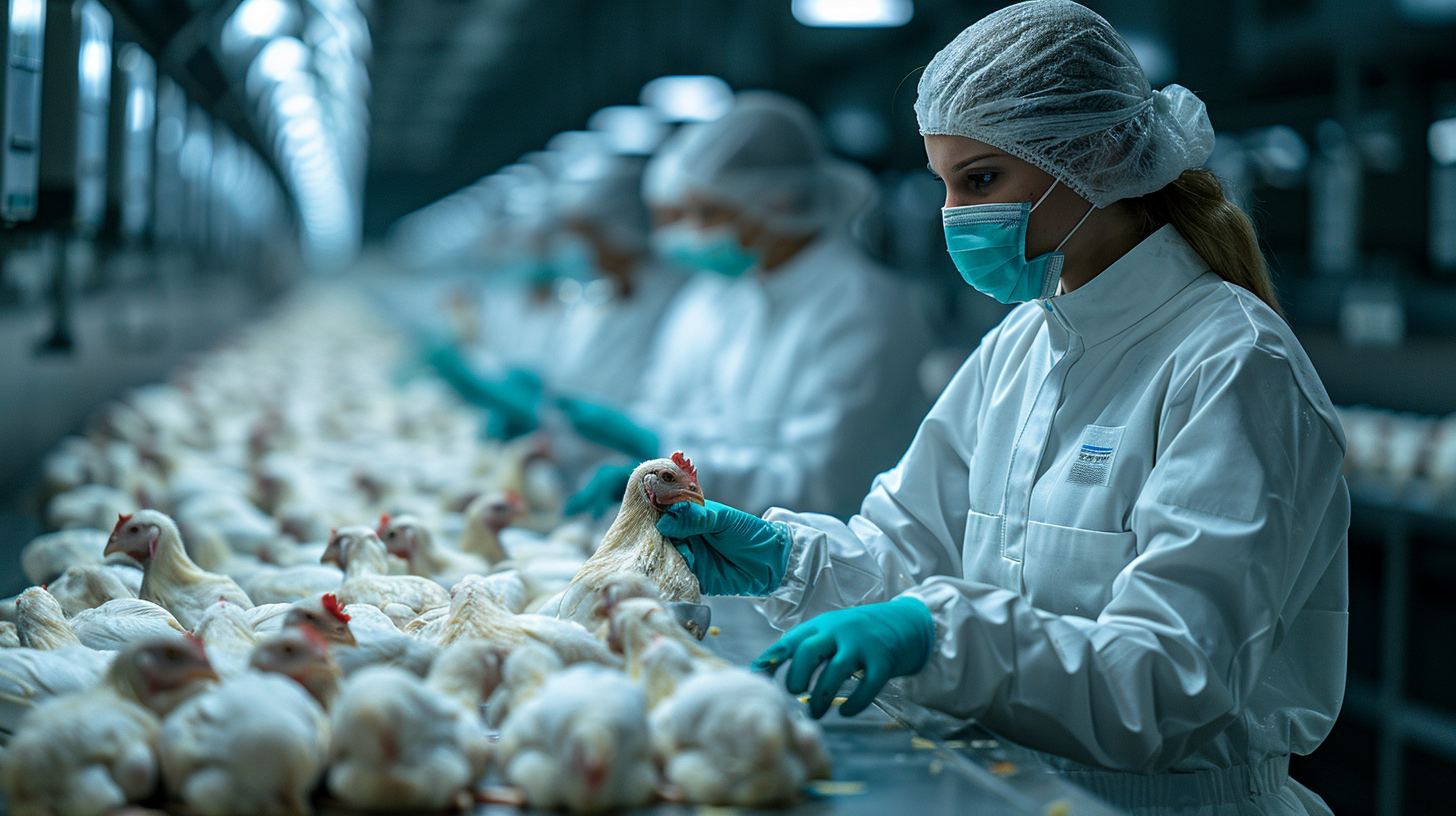 Worker in factory processing line handling chickens carefully.