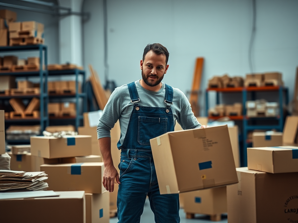 Worker moving boxes in workshop