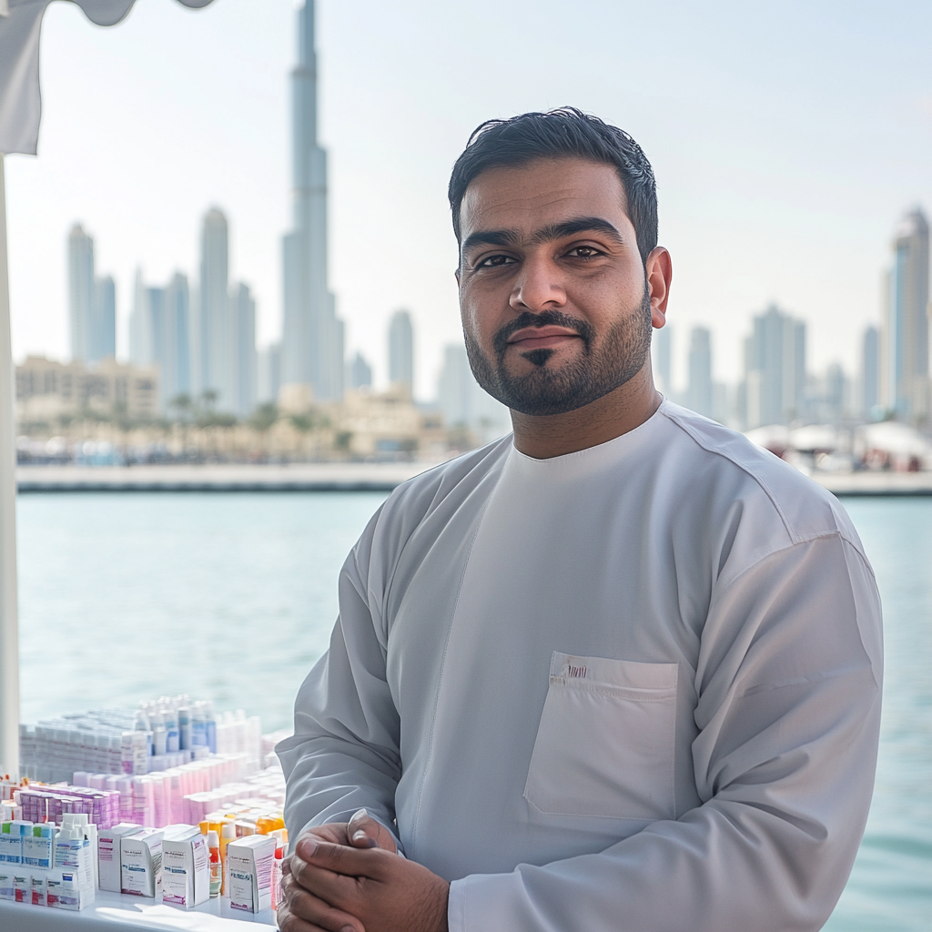 Worker stands near Dubai's Marine Drive - Serene Smile