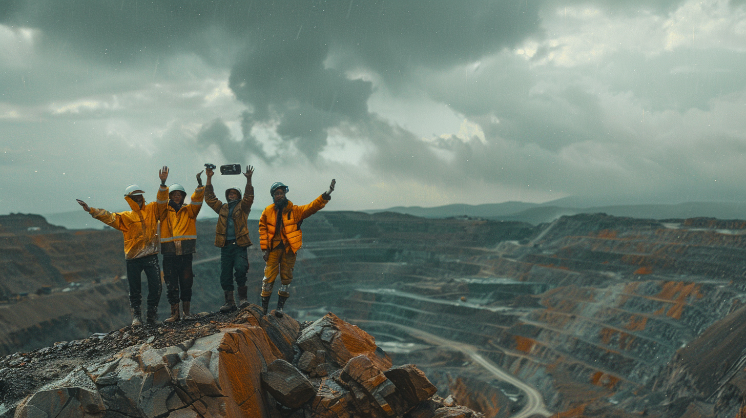 Workers and Belaz on hilltop in quarry.