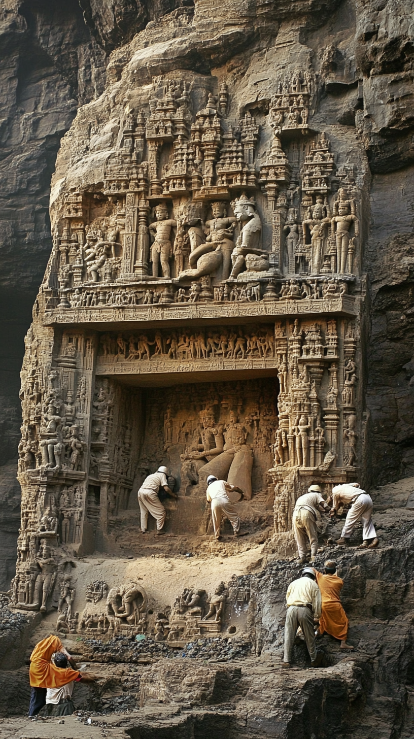 Workers carving a mountain rock to make a temple.