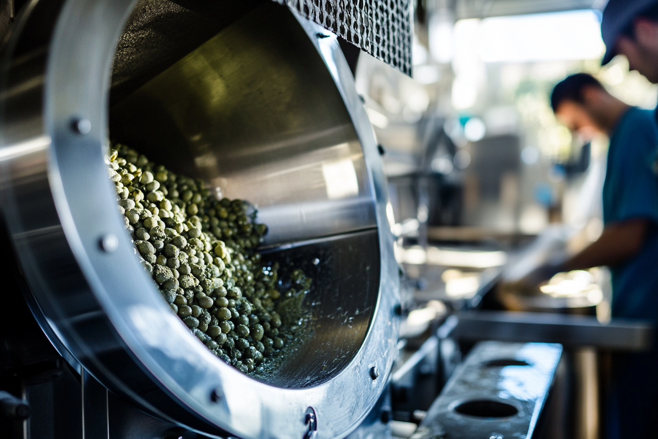 Workers feed olives in a shiny crusher.