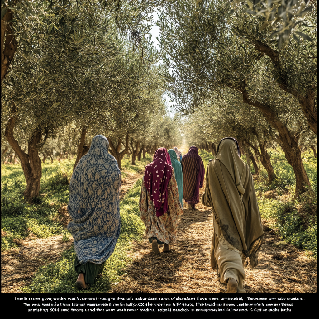 Workers in Iranian olive grove, traditional clothing, unity