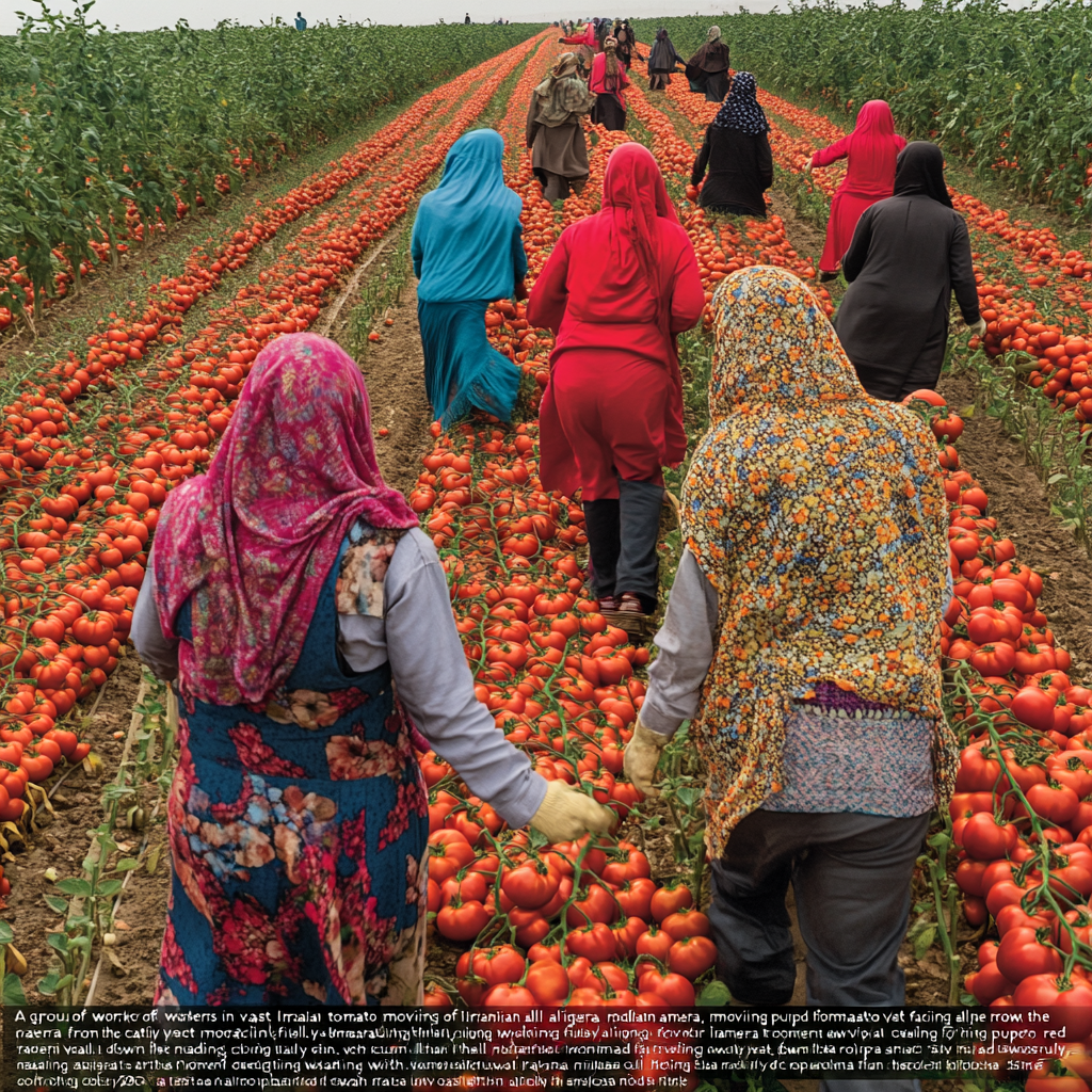 Workers in Iranian tomato field, moving down rows