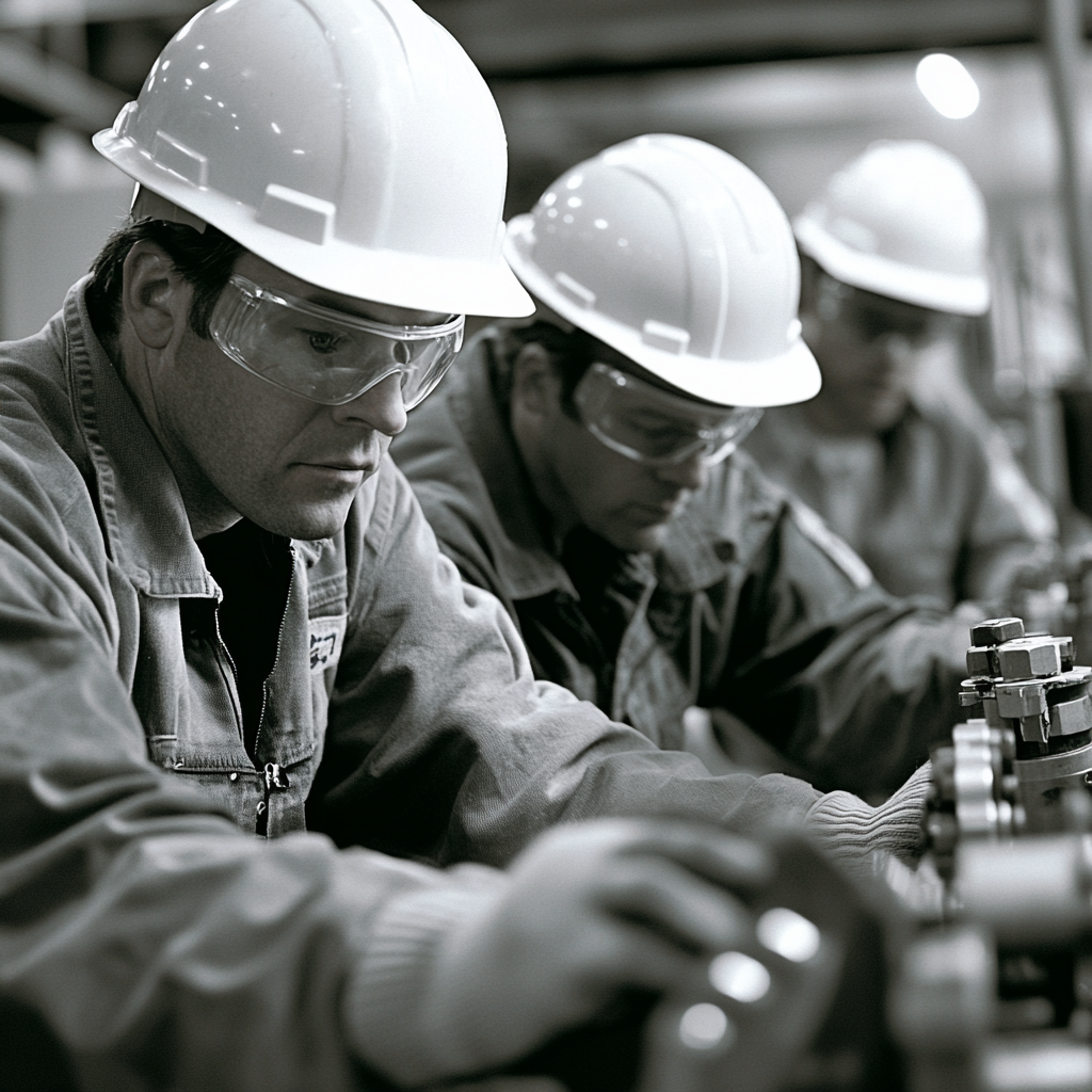 Workers in hard hats working on machinery safely.