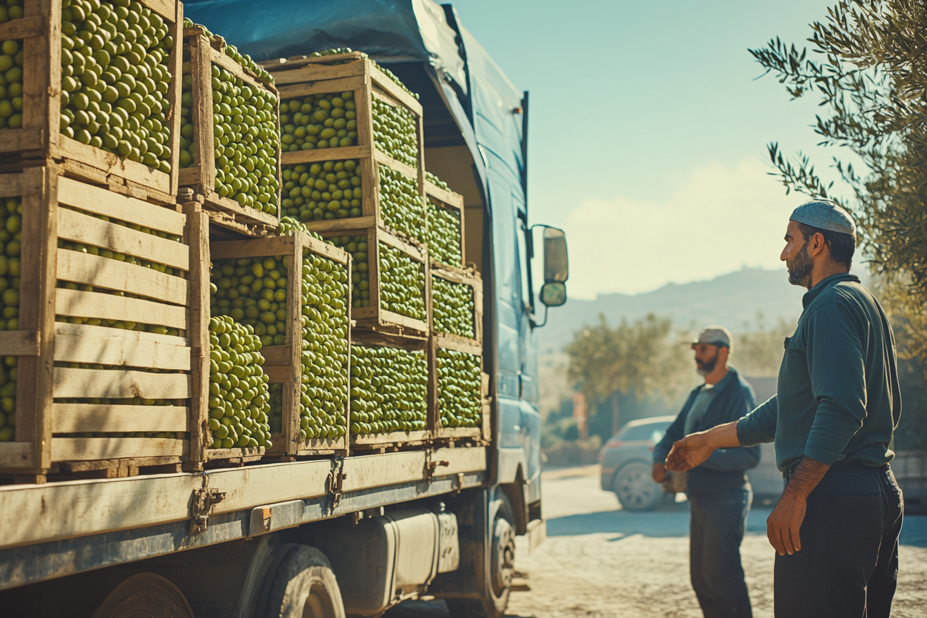 Workers load olives onto truck on sunny day.