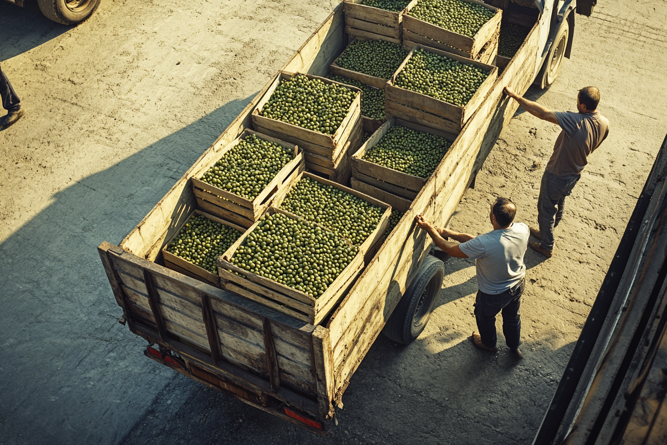 Workers loading fresh olives into truck: teamwork in action.