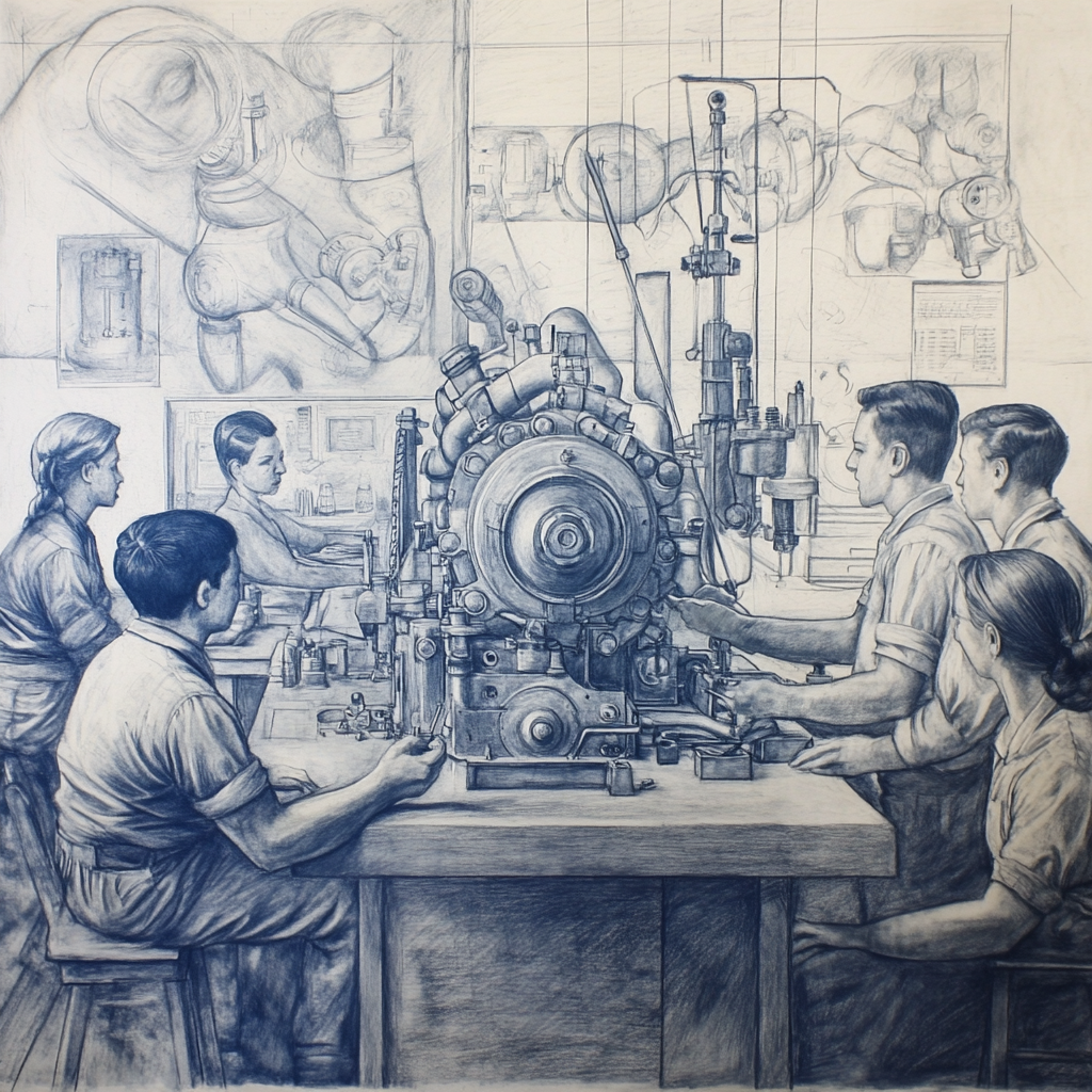 Workers watching engineer build engine with science symbols.