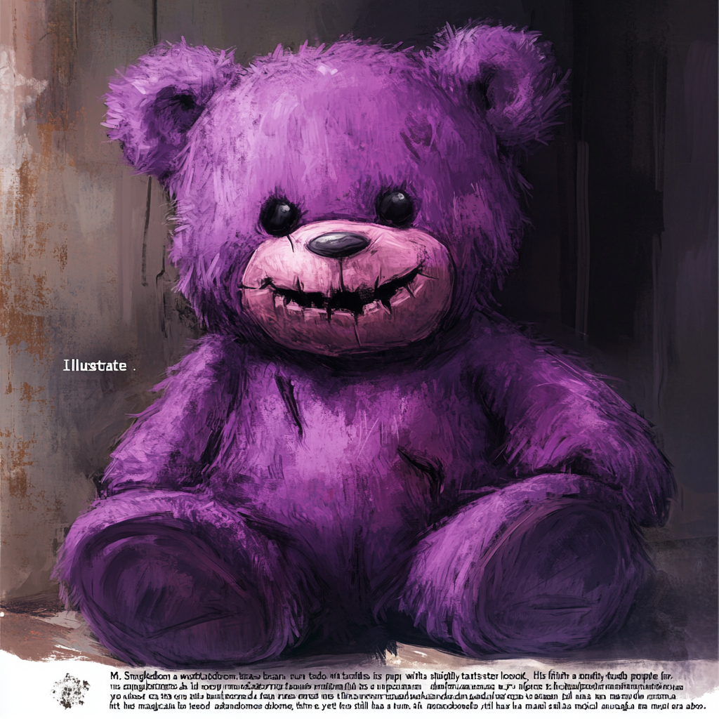 Worn-out purple teddy bear with sinister grin.