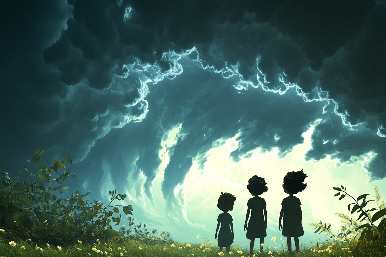 Worried children watching dying plants under dark clouds.