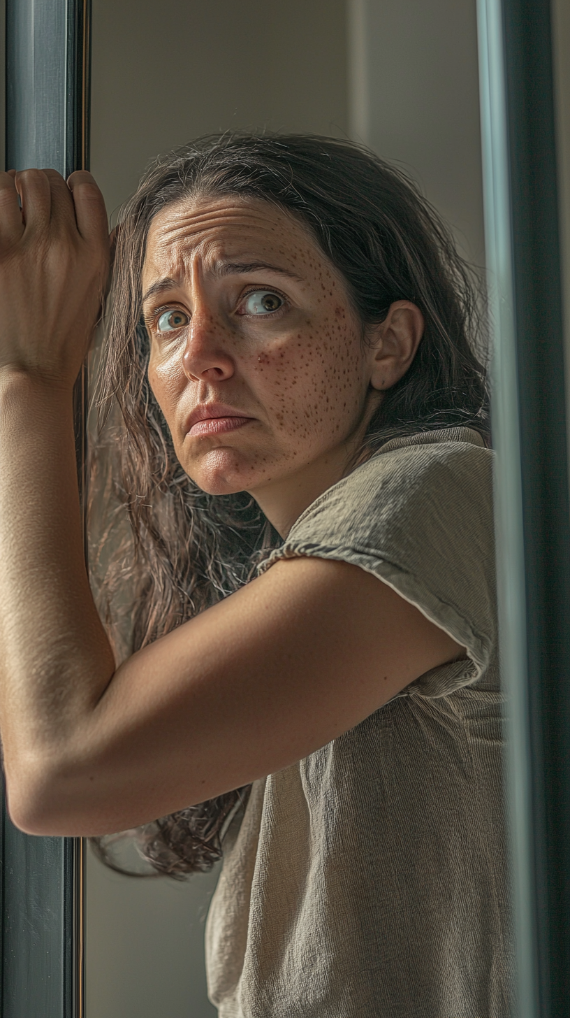 Worried woman examining spots on arm in the mirror.