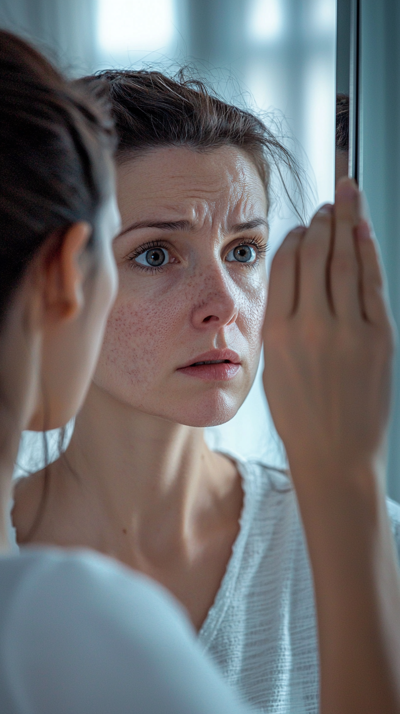 Worried woman inspecting psoriasis in high-definition mirror.