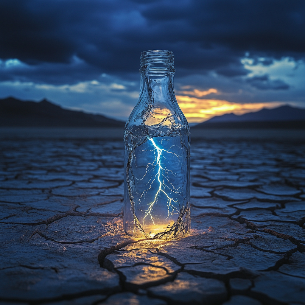 Worrisome lightning trapped in a bottle on dry land.