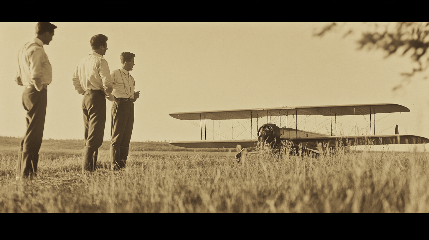 Wright Brothers discussing flight plans with team, historical photo