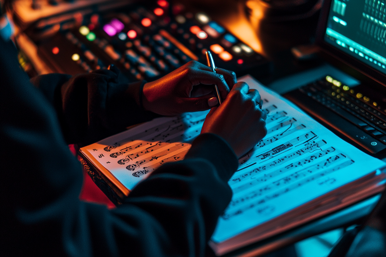 Writing sheet music at desk with neon lights.