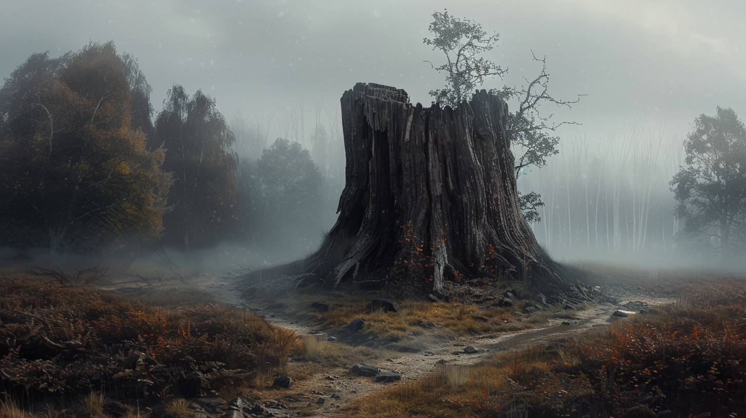 Wych elm tree stump in foggy crossroads, fantasy art.