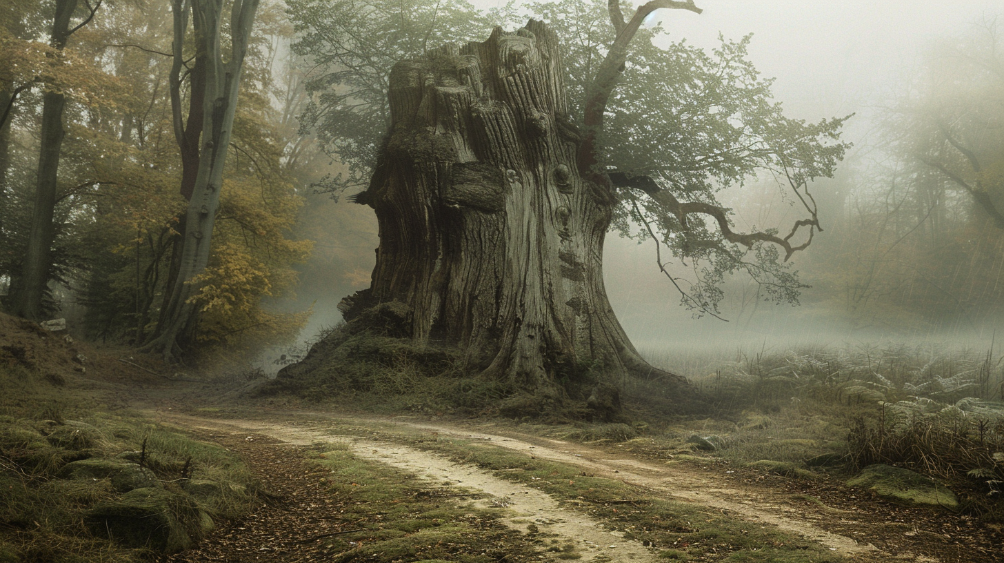 Wych elm tree stump in foggy forest crossing.