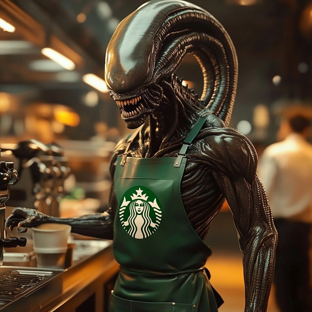 Xenomorph barista serving coffee to corporate office workers.